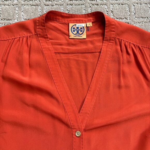 TORY BURCH Silk Blouse Women's Size 2 Orange Career Office Work V-Neck *READ* - Picture 2 of 14